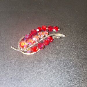 Vintage  Silver tone  AB rhinestones Leaf  brooch